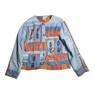 Vtg Y2K Parsley & Sage Boho Denim Rust Orange Patchwork Collarless Jacket Sz M